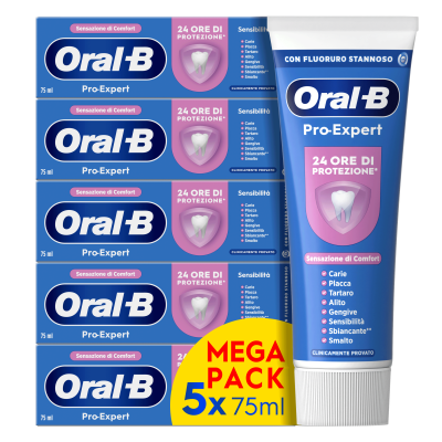 Image showing Oral B Pro-Expert Sensitive toothpaste. In the back is the carton with text saying "24 hour protection" and "Calm Sensation". In the front is the 75ml tube.