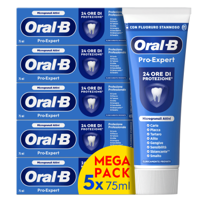 Image showing Oral B Pro-Expert Professional Protection toothpaste. In the back is the carton with text saying "24 hour protection" and "Cleaning Crystals". In the front is the 75ml tube.