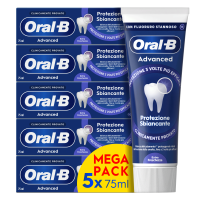 Image showing Oral B Advanced Healthy Whitening toothpaste. In the back is the carton with text saying "3 times better protection" and "clinically proven". In the front is the 75ml tube with text saying "Arctic Fresh".