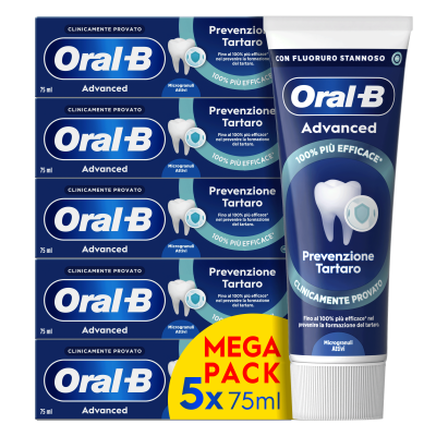 Oral-B Advanced, dentifricio per la prevenzione tartaro, con confezione che evidenzia la dicitura "100% più efficace".