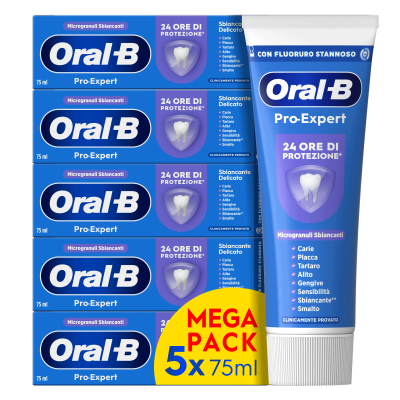 Image showing Oral B Pro-Expert Gentle Whitening toothpaste. In the back is the carton with text saying "24 hour protection" and "Whitening Crystals". In the front is the 75ml tube.