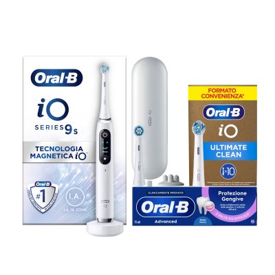 Oral-B Spazzolino Elettrico iO 9 Bianco, 2 Testine, 1 Custodia Da Viaggio + Dentifricio Advanced Protezione Gengive + Testine di Ricambio iO Ultimate Clean Bianche, Confezione da 10 Testine