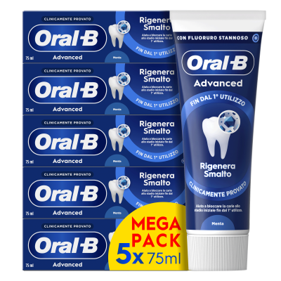 Image showing Oral B Advanced Enamel Strengthening toothpaste. In the back is the carton with text saying "Starting from first use" and "clinically proven". In the front is the 75ml tube with text saying "Mint".