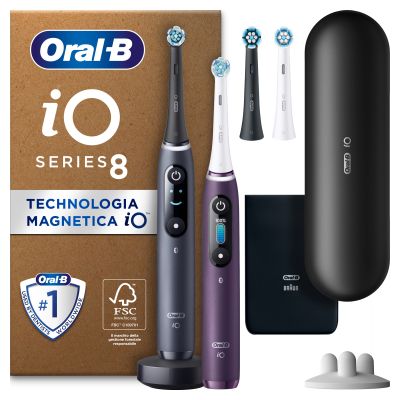 Oral-B Spazzolino Elettrico Duo Pack iO 8 Nero e Viola, 4 Testine, 1 Custodie Da Viaggio