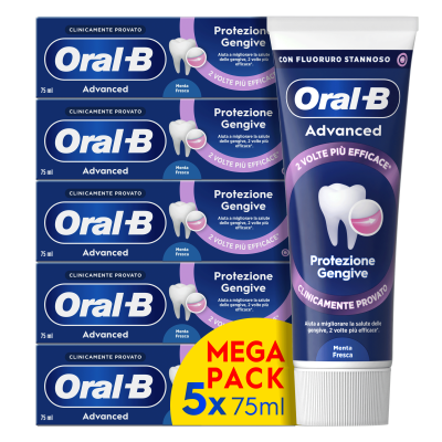 Oral-B Advanced Protezione Gengive, confezione e tubo, evidenziando la dicitura "2 volte più efficace" per la protezione delle gengive.