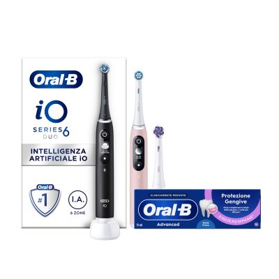 Oral-B Spazzolino Elettrico Duo Pack iO 6 Nero e Rosa, 3 Testine + Dentifricio Advanced Protezione Gengive