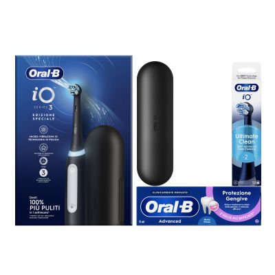 Oral-B Spazzolino Elettrico iO 3 Nero, 1 Testina &plus; 2 di Ricambio, 1 Custodia Da Viaggio &plus; Dentifricio Advanced Protezione Gengive