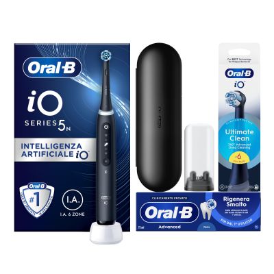 Oral-B Spazzolino Elettrico iO 5 Nero, 1 Testina + 6 di Ricambio, 1 Custodia Da Viaggio + Dentifricio Advanced Rigenera Smalto