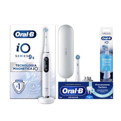 Oral-B Spazzolino Elettrico iO 9 Bianco, 2 Testine, 1 Custodia Da Viaggio + Dentifricio Advanced Prevenzione Tartaro + Testine di Ricambio iO Ultimate Clean Bianche, Confezione da 2 Testine