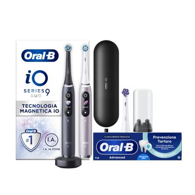 Oral-B Spazzolino Elettrico Duo Pack iO 9 Nero e Rosa, 3 Testine, 1 Custodia Da Viaggio + Dentifricio Advanced Prevenzione Tartaro