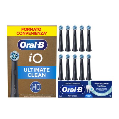 Oral-B Testine di Ricambio iO Ultimate Clean Nere, Confezione da 10 Testine + Dentifricio Advanced Prevenzione Tartaro