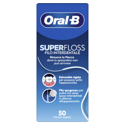 Filo interdentale Oral-B Superfloss - Rimuove placca e tartaro - Filo spugnoso per apparecchi e dispositivi ortodontici - 50 fili pretagliati