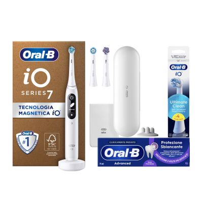 Oral-B Spazzolino Elettrico iO 7 Bianco, 3 Testine, 1 Custodia Da Viaggio + Dentifricio Advanced Protezione Sbiancante + Testine di Ricambio iO Ultimate Clean Bianche, Confezione da 4 Testine
