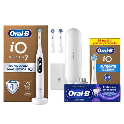 Oral-B Spazzolino Elettrico iO 7 Bianco, 3 Testine, 1 Custodia Da Viaggio + Dentifricio Advanced Protezione Sbiancante + Testine di Ricambio iO Ultimate Clean Bianche, Confezione da 8 Testine