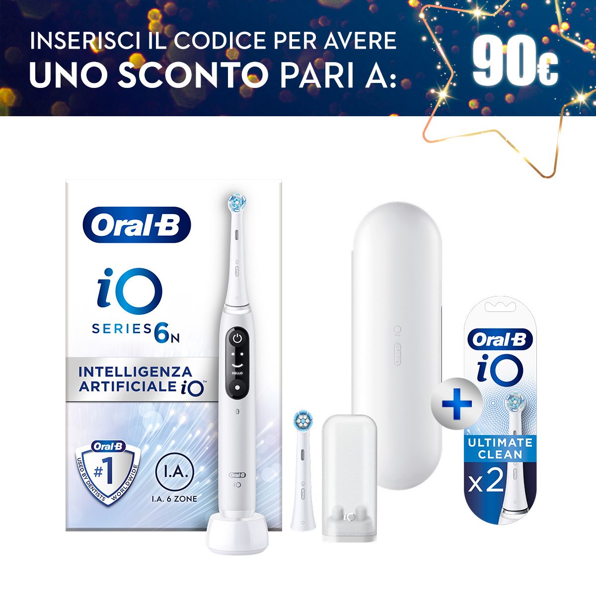 Oral-B Spazzolino Elettrico Ricaricabile iO6 Bianco Con Custodia Da Viaggio  + 2 Testine Di Ricambio Bianche Oral-B iO Ultimate Clean