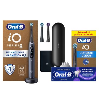 Oral-B Spazzolino Elettrico iO 8 Nero, 3 Testine, 1 Custodia Da Viaggio + Dentifricio Advanced Protezione Sbiancante + Testine di Ricambio iO Ultimate Clean Nere, Confezione da 8 Testine