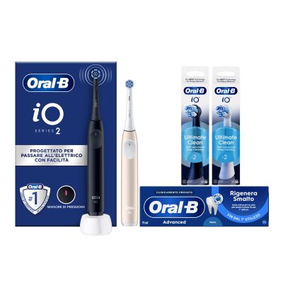 Oral-B Spazzolino Elettrico Duo Pack iO2 Nero e Rosa, 1 Testina + Dentifricio Advanced Rigenera Smalto + Testine di Ricambio iO Ultimate Clean Nere e Bianche, Confezione da 4 Testine