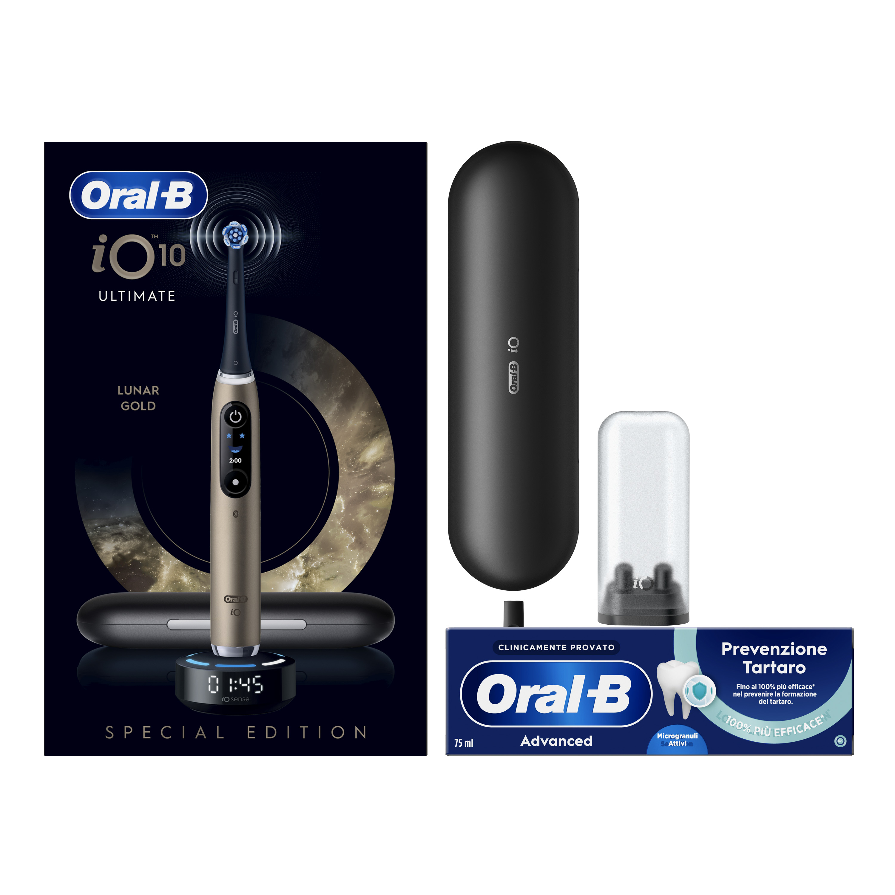 Oral-B Spazzolino Elettrico iO 10 Gold Special Edition, 1 Testina, 1 Custodia Da Viaggio + Dentifricio Advanced Prevenzione Tartaro