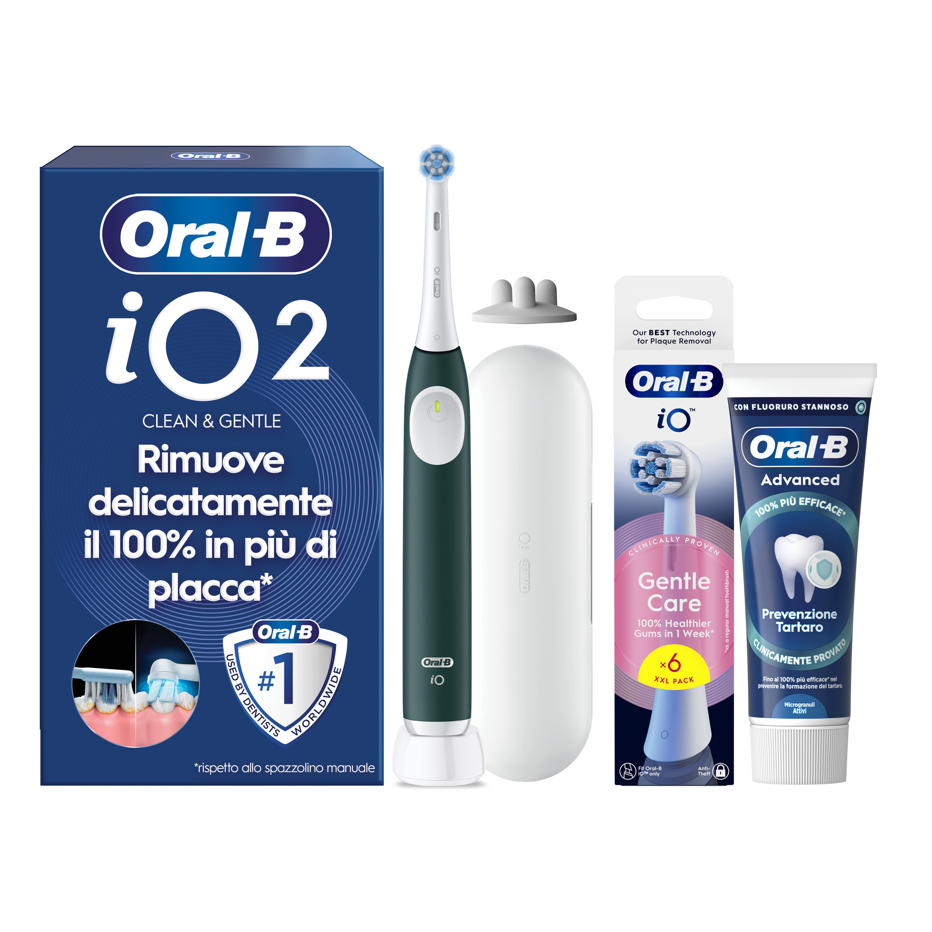 Oral-B Verde/Bianche Io 2 1 Testina, 1 Custodia Da Viaggio + 6 Testine Di Ricambio Io Ultimate Clean + Dentifricio Advanced Protezione Sensibilità - Immagine 44