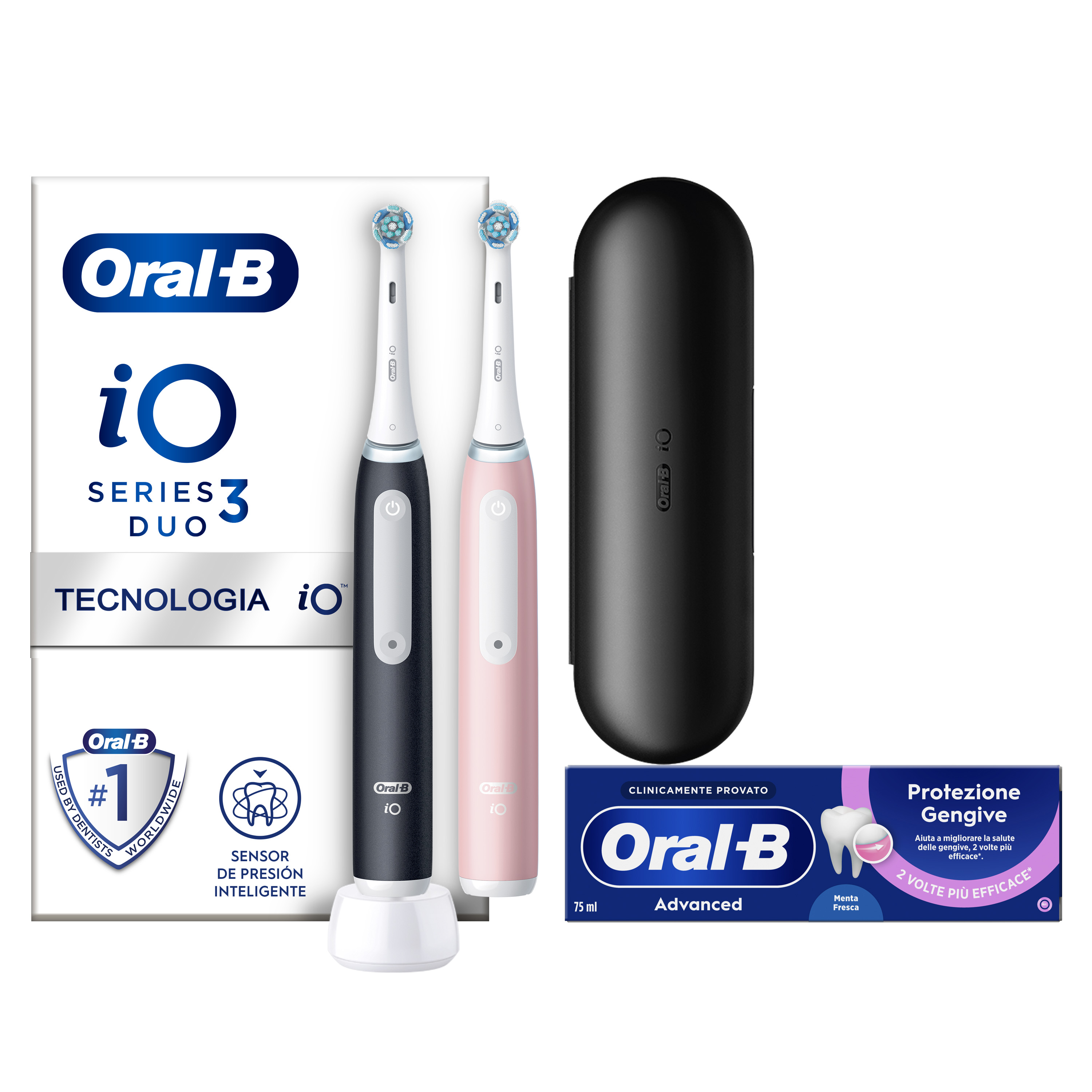 Oral-B Spazzolino Elettrico Duo Pack iO 3 Nero e Rosa, 2 Testine, 1 Custodia Da Viaggio + Dentifricio Advanced Protezione Gengive