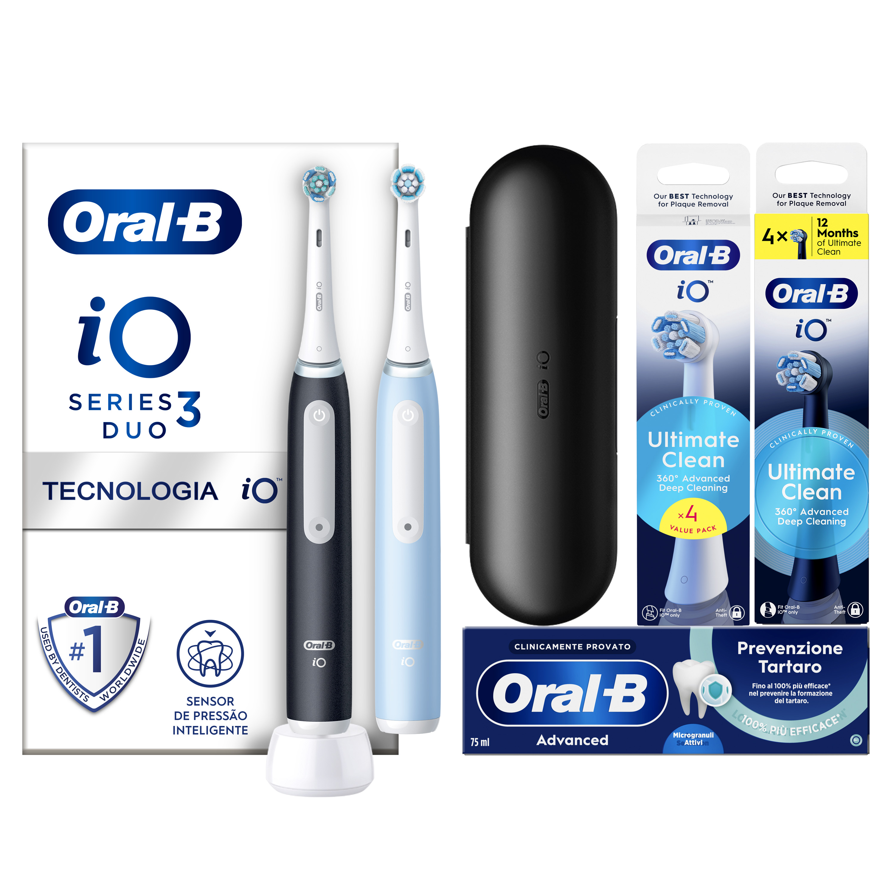 Oral-B Nero/Azzurro/Nere Io 3 Duo E 2 Testine, 1 Custodia Da Viaggio + 6 Testine Di Ricambio Io Ultimate Clean E Bianche + Dentifricio Advanced Prevenzione Tartaro - Immagine 23