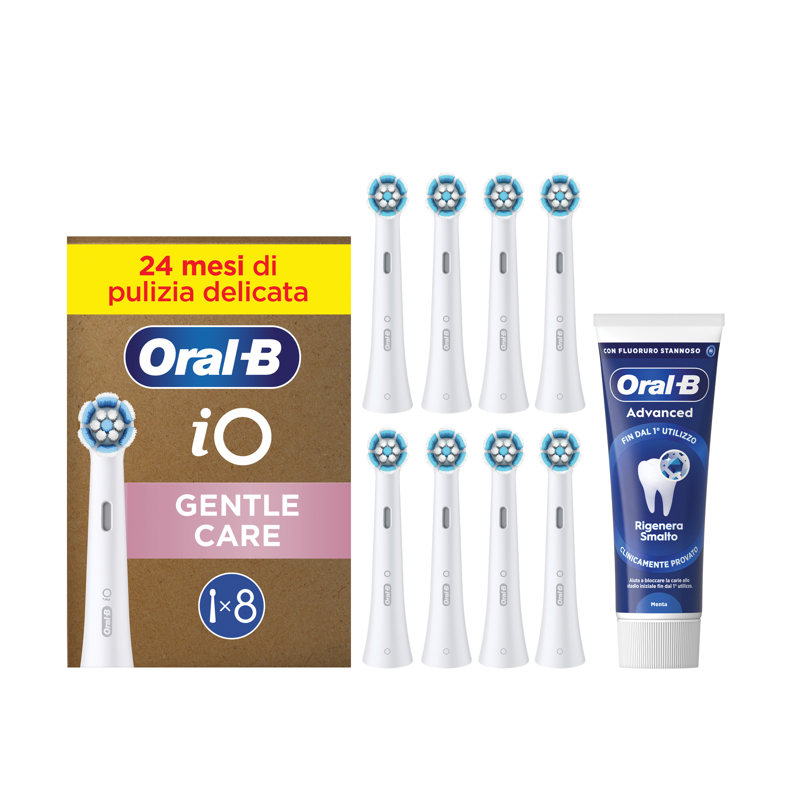 Oral-B Testine di Ricambio iO Gentle Care Bianche, Confezione da 8 Testine + Dentifricio Advanced Rigenera Smalto