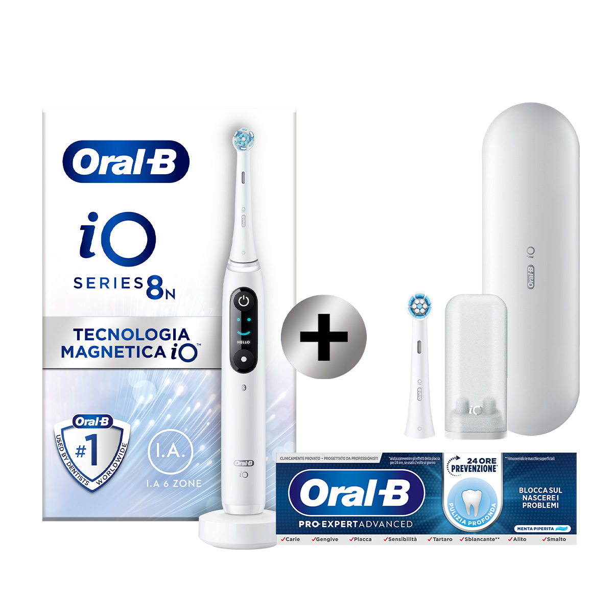 Oral-B Spazzolino Elettrico iO 8N Bianco, 2 Testine, 1 Custodia Da Viaggio + Oral-B Dentifricio Pro-Expert Advanced Pulizia Profonda (Prevenzione Per 24 Ore)