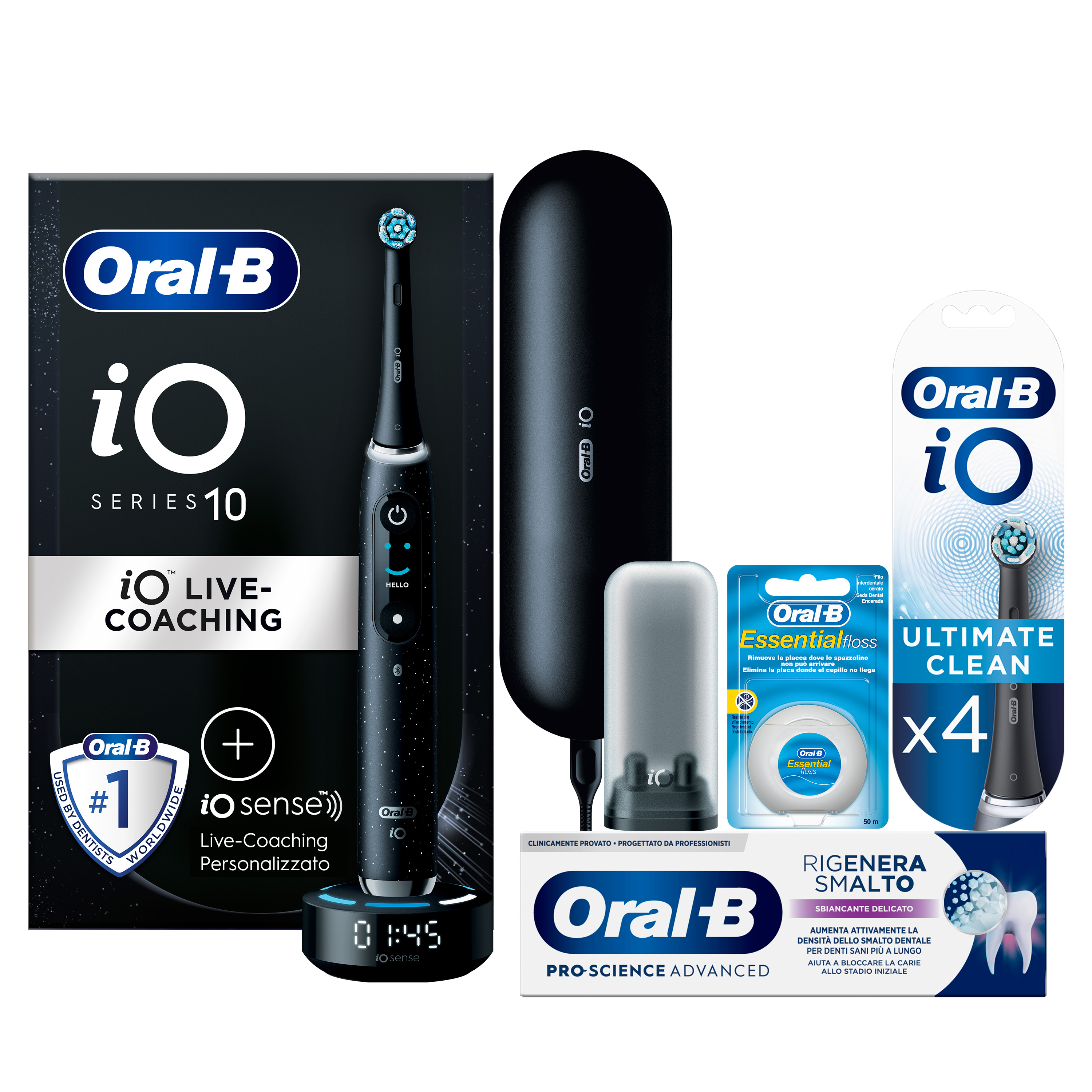 Igiene Orale Completa: Oral-B Spazzolino Elettrico iO 10 Nero + Oral-B iO Testine Ultimate Clean Nere 4pz + Oral-B Dentifricio Pro-Science Advanced Ri