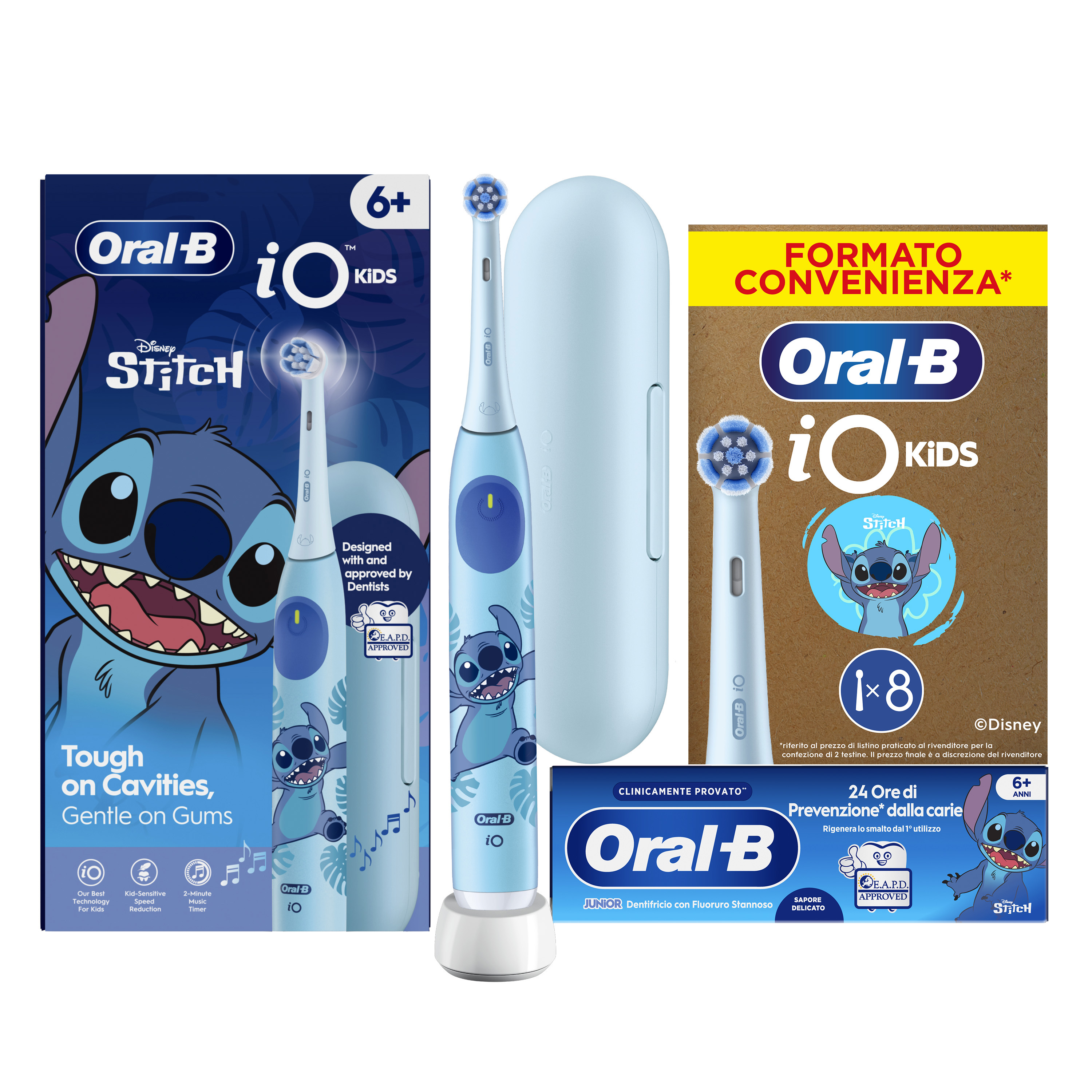 Oral-B Spazzolino Elettrico iO Kids Stitch Disney, 1 Testina, 1 Custodia Da Viaggio + Dentifricio Oral-B Stitch (6-12 anni) + 8 Testine di Ricambio iO