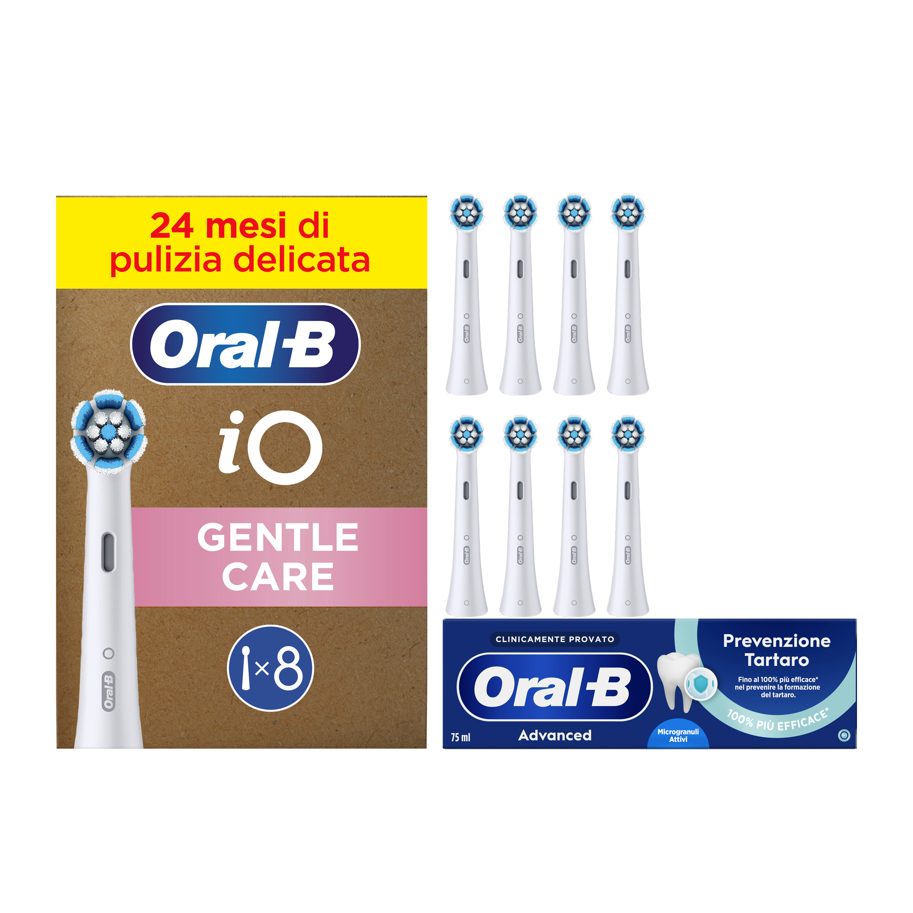Oral-B Testine di Ricambio iO Gentle Care Bianche, Confezione da 8 Testine + Dentifricio Advanced Prevenzione Tartaro