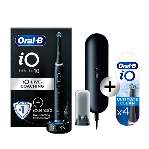 Oral-B Spazzolino Elettrico iO 10 Nero + Oral-B Testine Nere iO Ultimate Clean, Confezione da 4 Pezzi