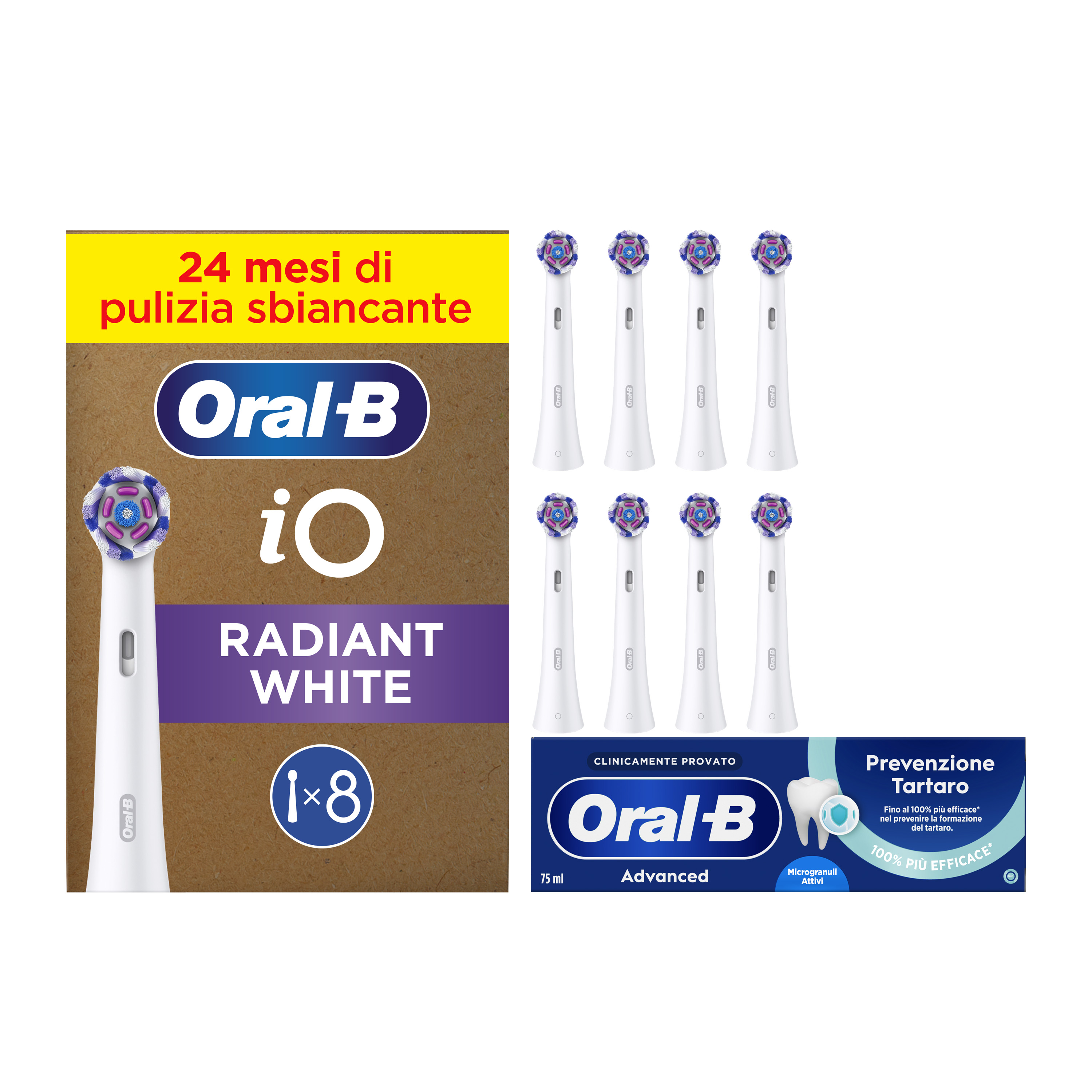 Oral-B Testine di Ricambio iO Radiant White Bianche, Confezione da 8 Testine + Dentifricio Advanced Prevenzione Tartaro