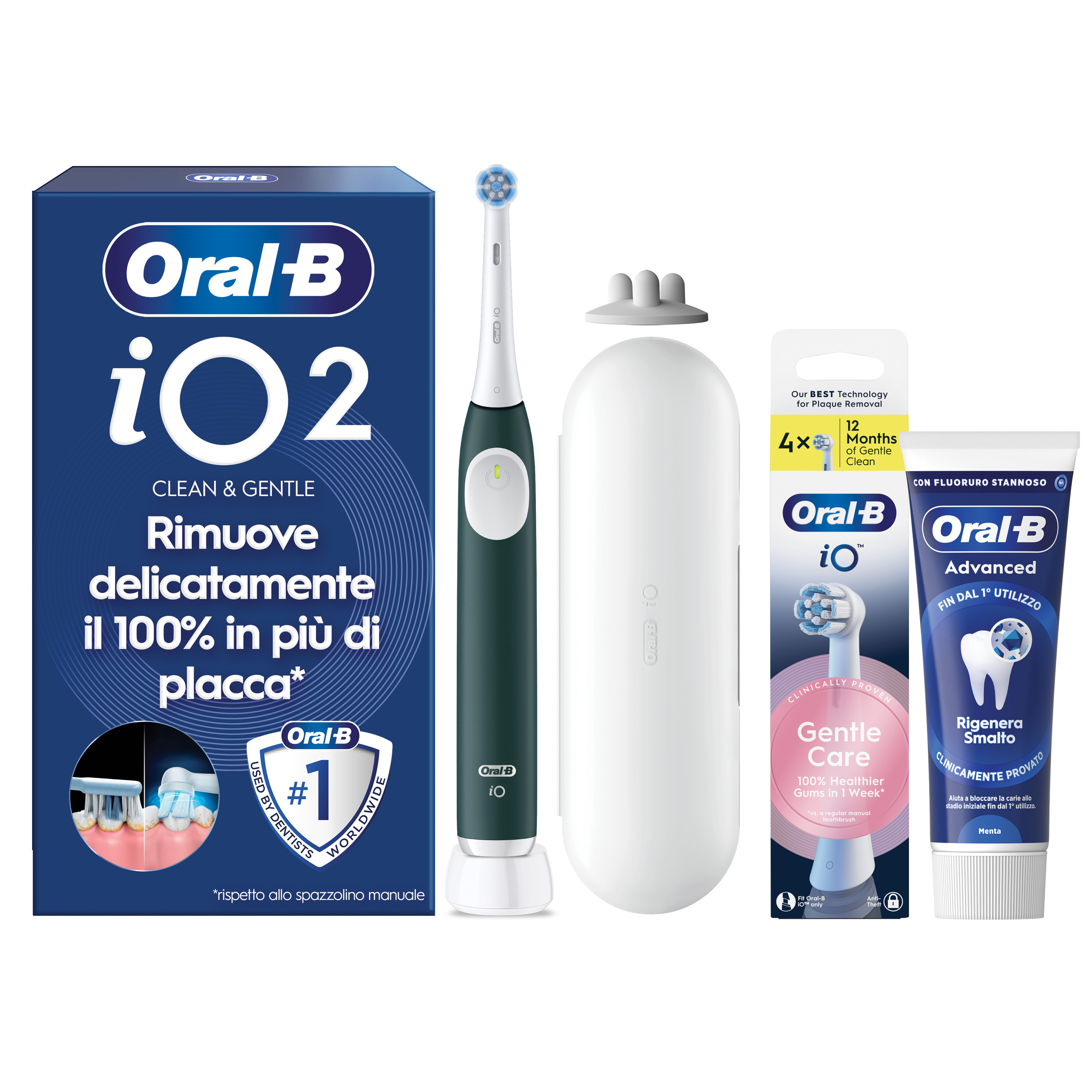 Oral-B Verde/Bianche Io 2 1 Testina, 1 Custodia Da Viaggio + 6 Testine Di Ricambio Io Ultimate Clean + Dentifricio Advanced Protezione Sensibilità - Immagine 17