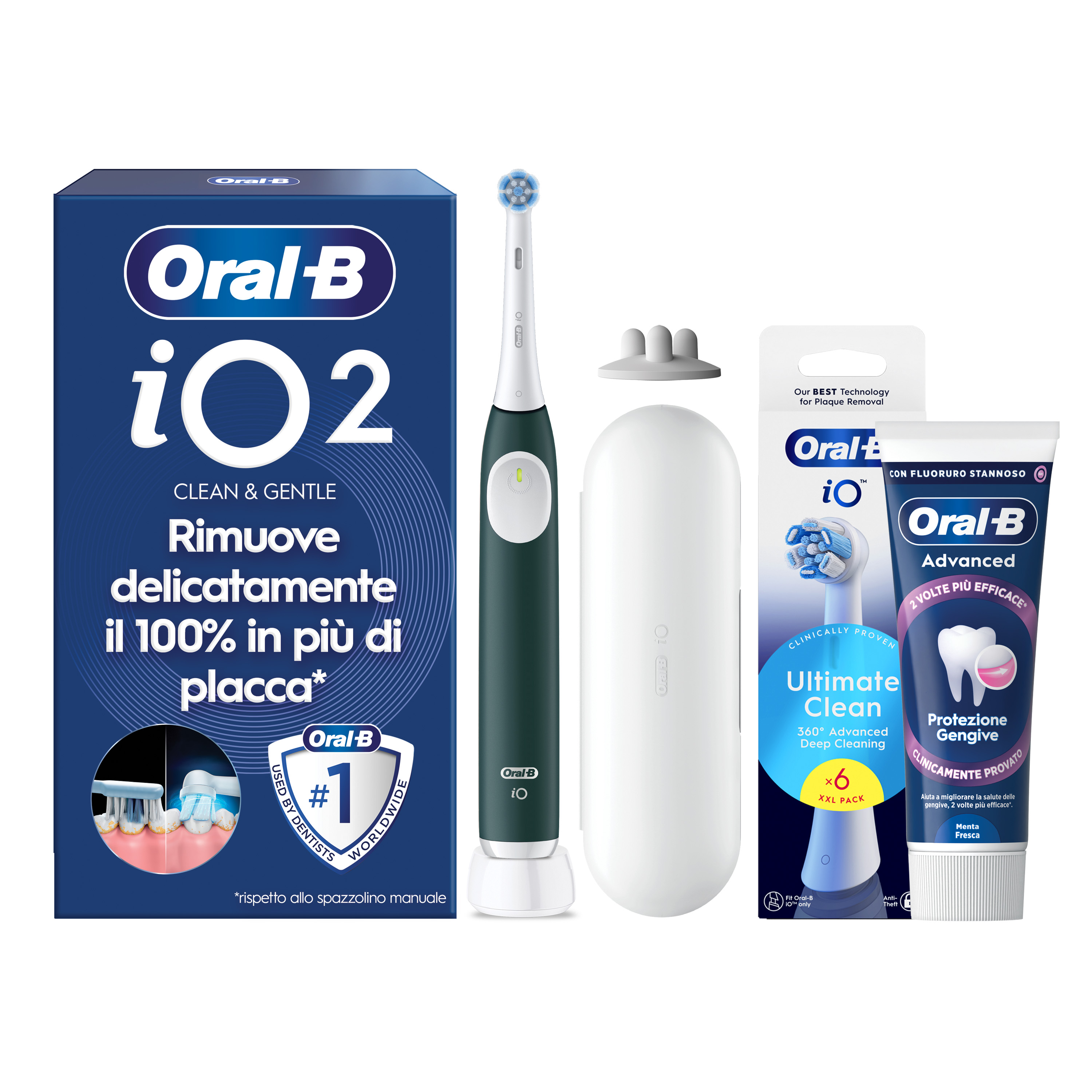 Oral-B Verde/Bianche Io 2 1 Testina, 1 Custodia Da Viaggio + 6 Testine Di Ricambio Io Ultimate Clean + Dentifricio Advanced Protezione Sensibilità - Immagine 20