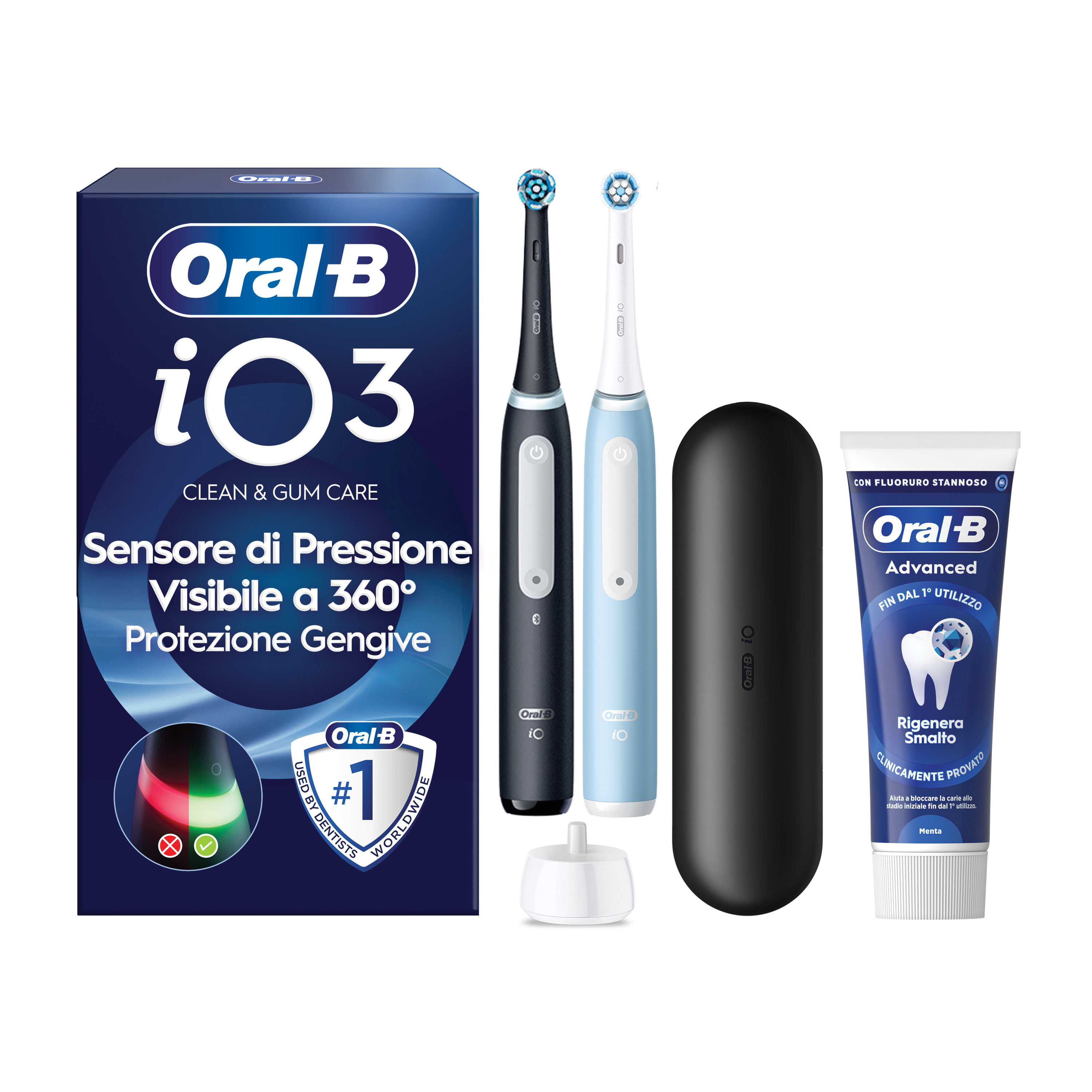 Oral-B Nero/Azzurro/Nere Io 3 Duo E 2 Testine, 1 Custodia Da Viaggio + 6 Testine Di Ricambio Io Ultimate Clean E Bianche + Dentifricio Advanced Prevenzione Tartaro - Immagine 6