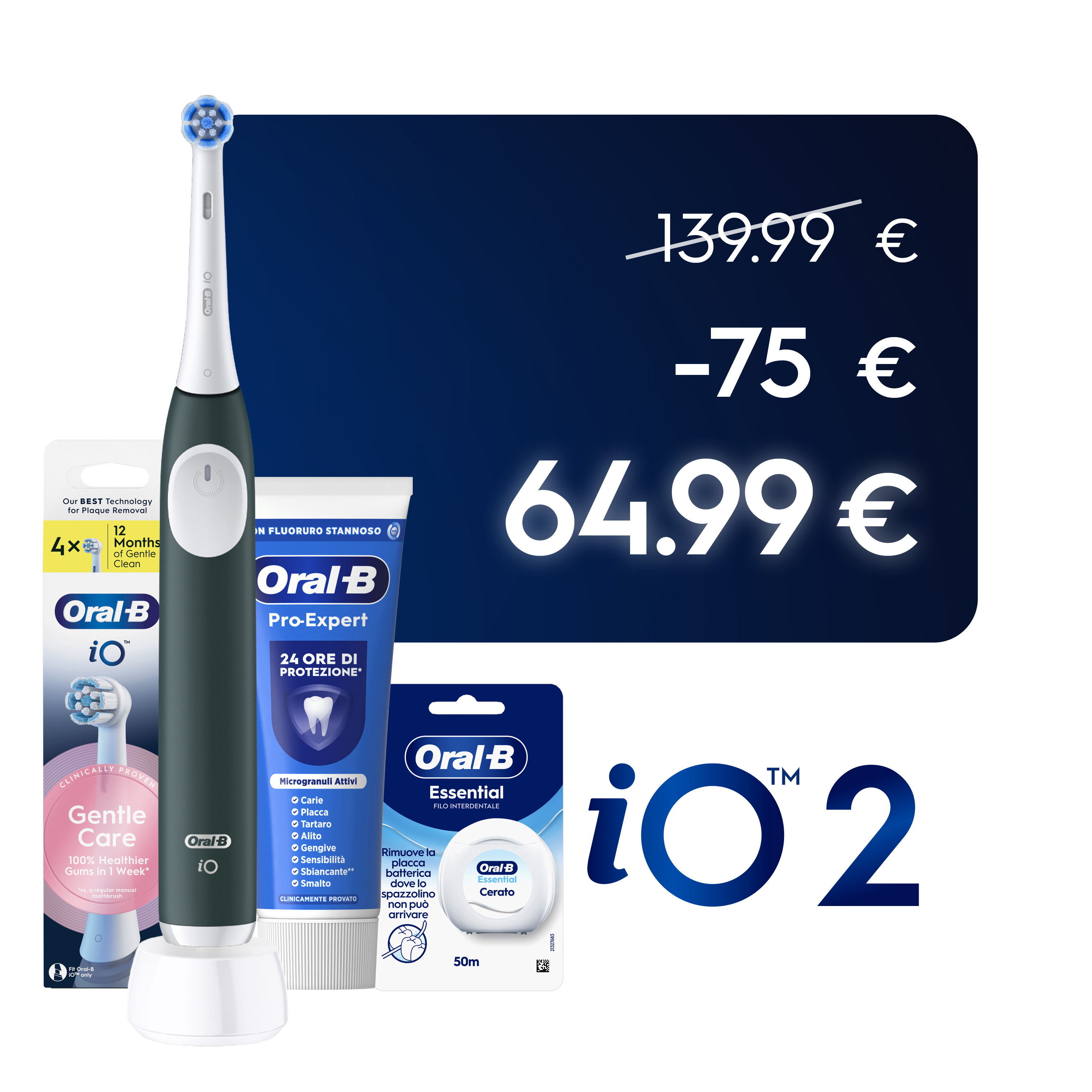 Oral-B Verde/Bianche Io 2 1 Testina, 1 Custodia Da Viaggio + 6 Testine Di Ricambio Io Ultimate Clean + Dentifricio Advanced Protezione Sensibilità - Immagine 43