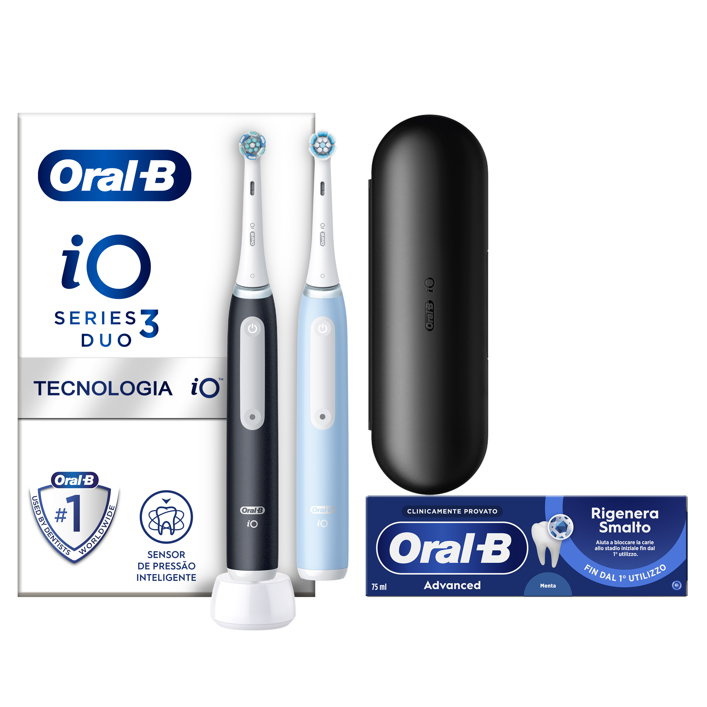 Oral-B Spazzolino Elettrico Duo Pack iO 3 Nero e Azzurro, 2 Testine, 1 Custodia Da Viaggio + Dentifricio Advanced Rigenera Smalto