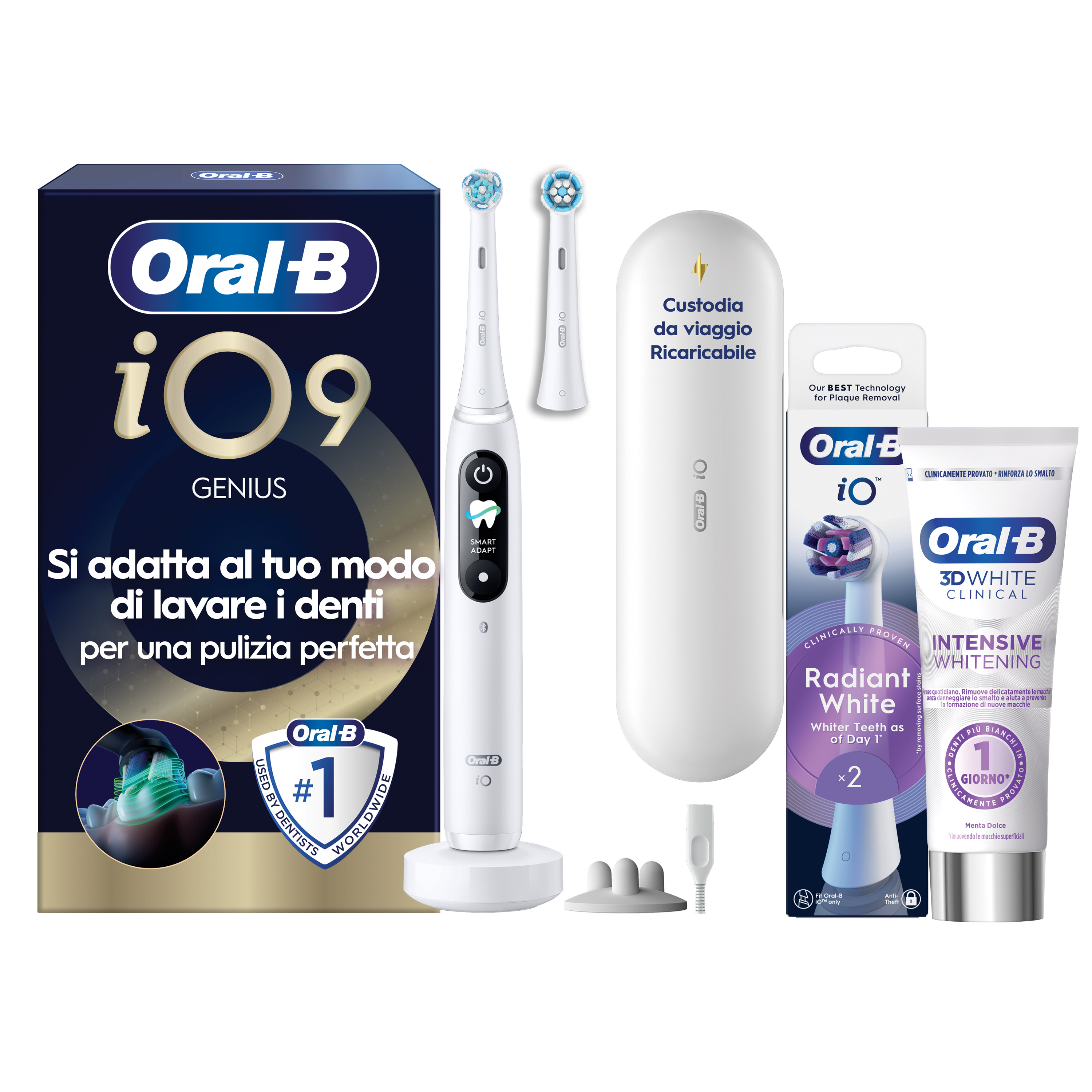 Oral-B Bianco/Bianche Io 9 2 Testine, 1 Custodia Da Viaggio Ricaricabile + 4 Testine Di Ricambio Io Ultimate Clean + Dentifricio Complete Protezione E Pulizia - Immagine 11