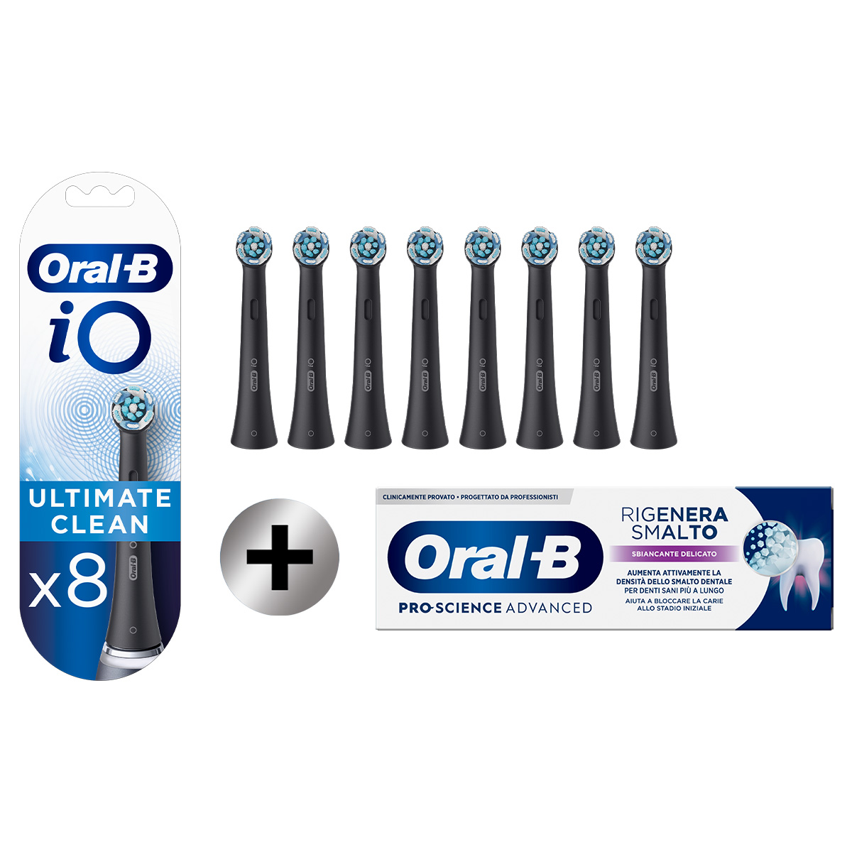 Oral-B iO Testine Ultimate Clean Nere, 8 Testine + Oral-B Dentifricio Pro-Science Advanced Rigenera Smalto Sbiancante Delicato
