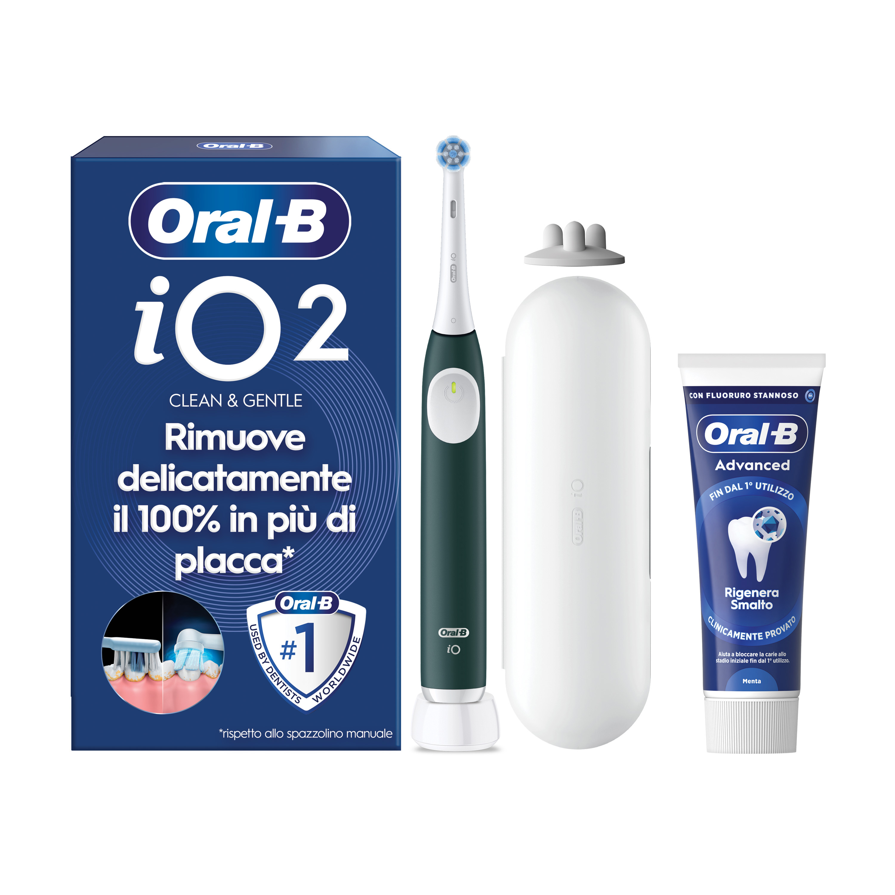 Oral-B Verde/Bianche Io 2 1 Testina, 1 Custodia Da Viaggio + 6 Testine Di Ricambio Io Ultimate Clean + Dentifricio Advanced Protezione Sensibilità - Immagine 12