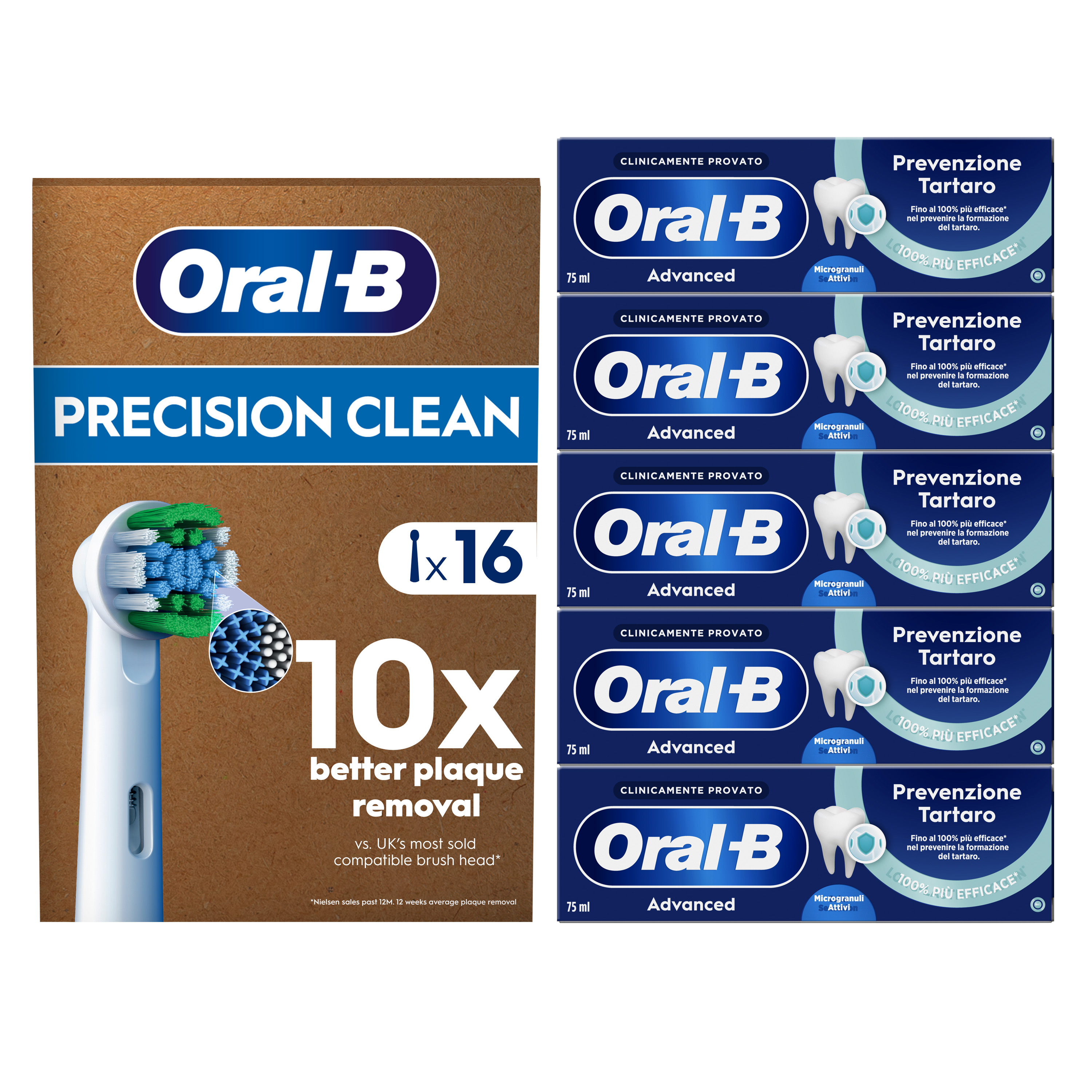 Oral-B 16 Testine Di Ricambio Precision Clean Bianche + 5 Dentifrici Advanced Prevenzione Tartaro
