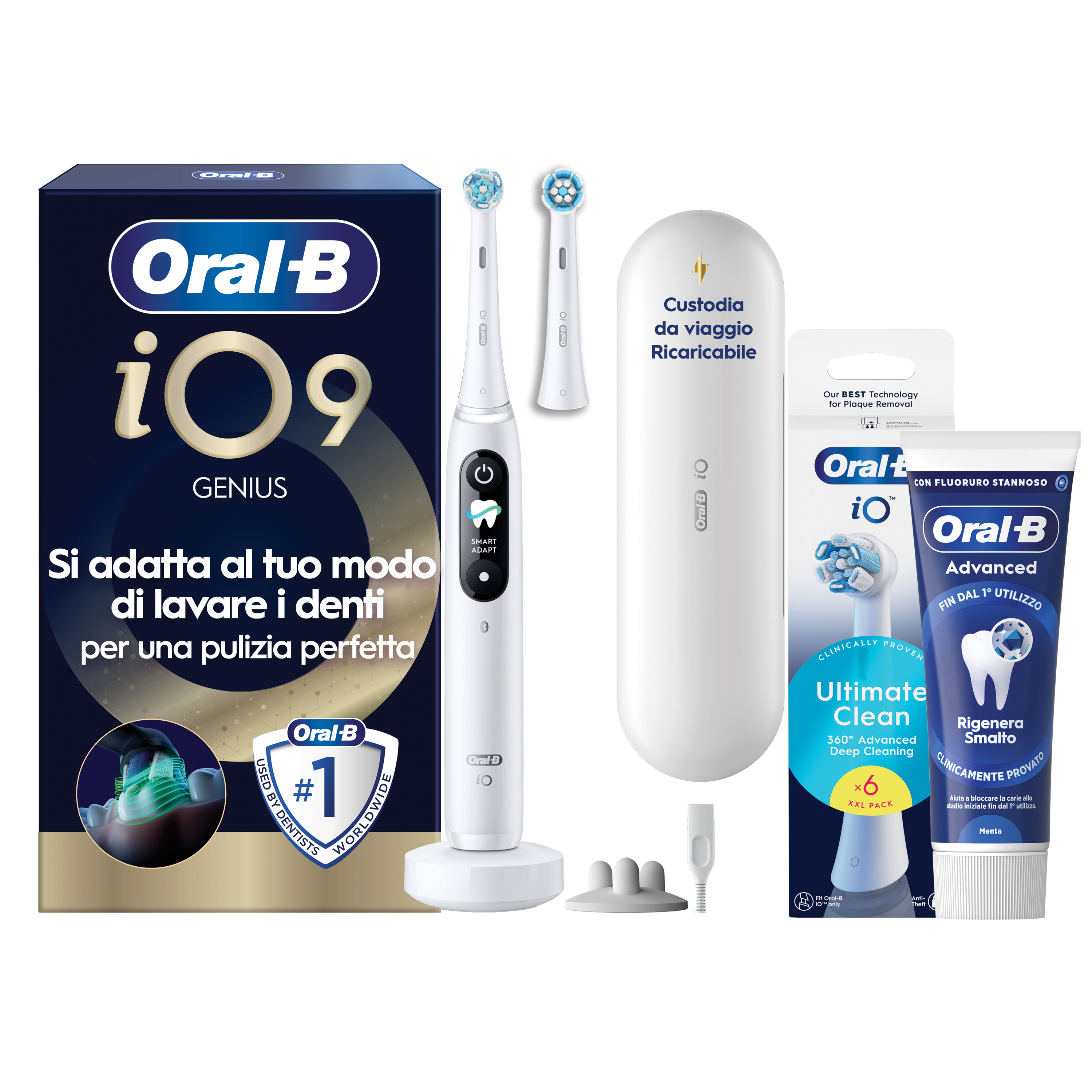 Oral-B Bianco/Bianche Io 9 2 Testine, 1 Custodia Da Viaggio Ricaricabile + 4 Testine Di Ricambio Io Ultimate Clean + Dentifricio Complete Protezione E Pulizia - Immagine 15