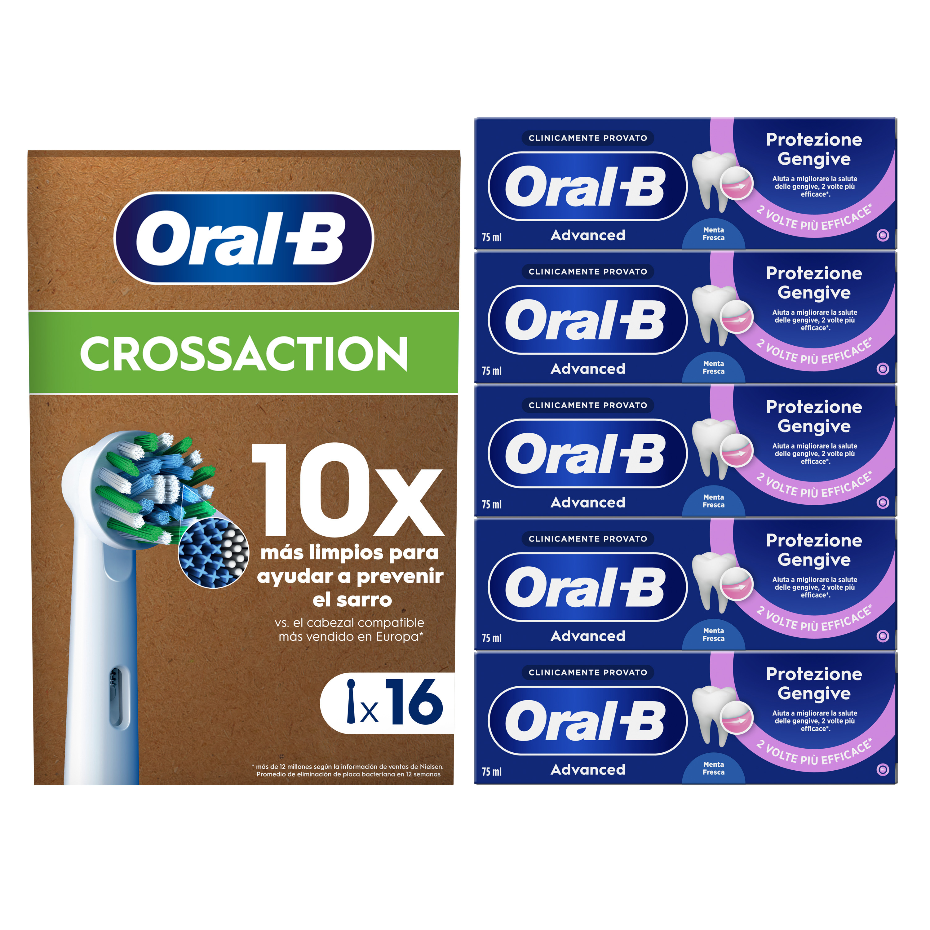 Oral-B 16 Testine Di Ricambio Cross Action Bianche + 5 Dentifrici Advanced Protezione Gengive