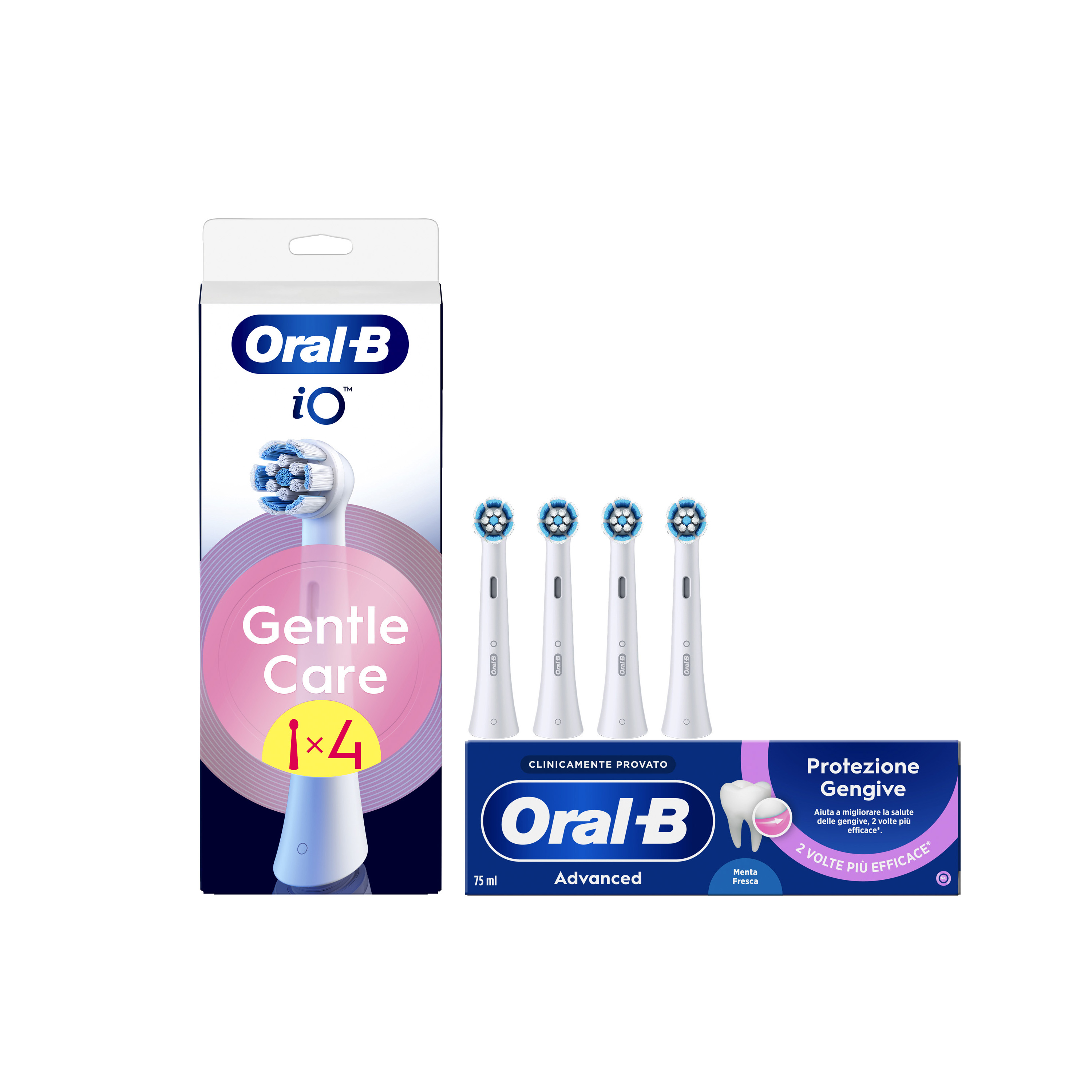 Oral-B Testine di Ricambio iO Gentle Care Bianche, Confezione da 4 Testine + Dentifricio Advanced Protezione Gengive