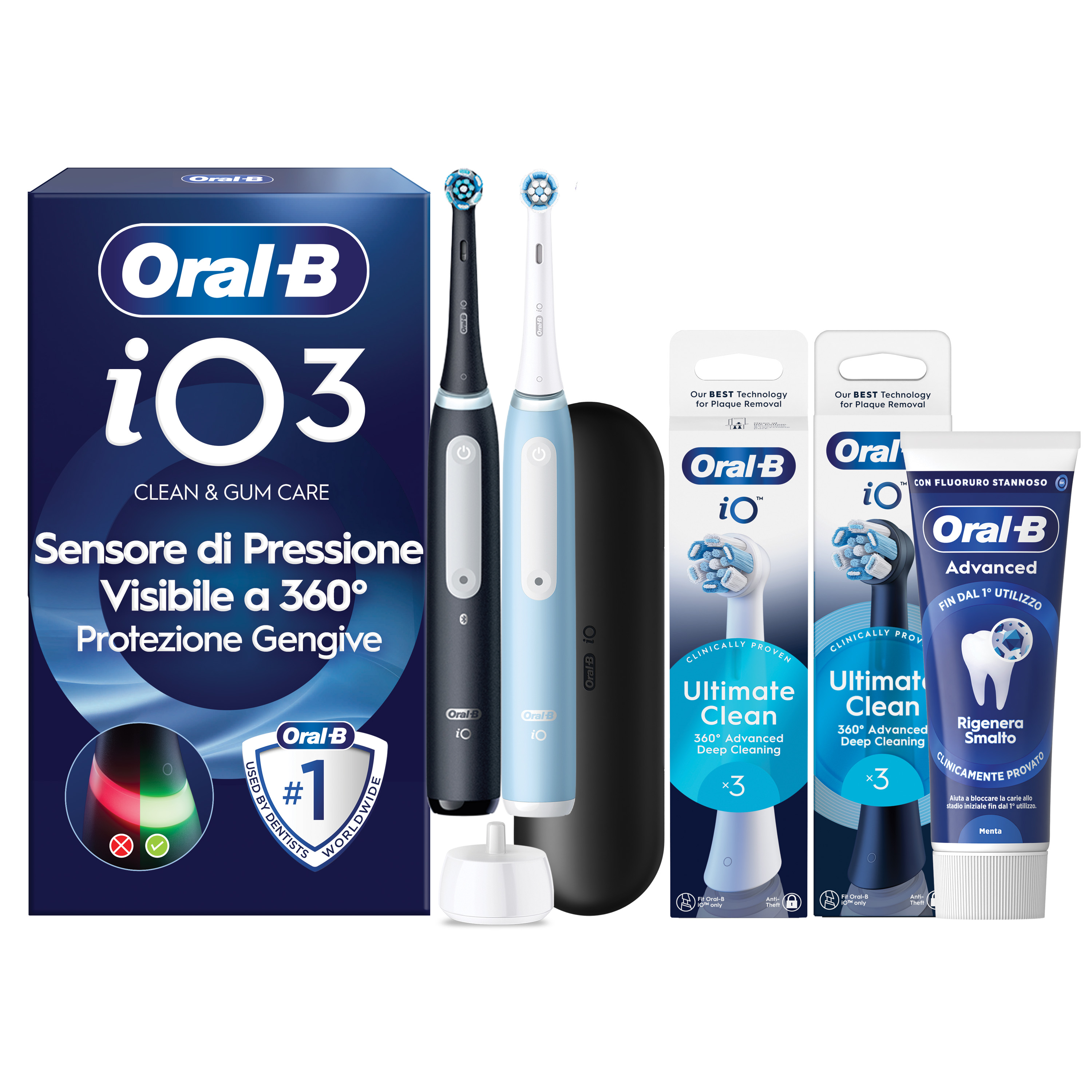 Oral-B Nero/Azzurro/Nere Io 3 Duo E 2 Testine, 1 Custodia Da Viaggio + 6 Testine Di Ricambio Io Ultimate Clean E Bianche + Dentifricio Advanced Prevenzione Tartaro - Immagine 8