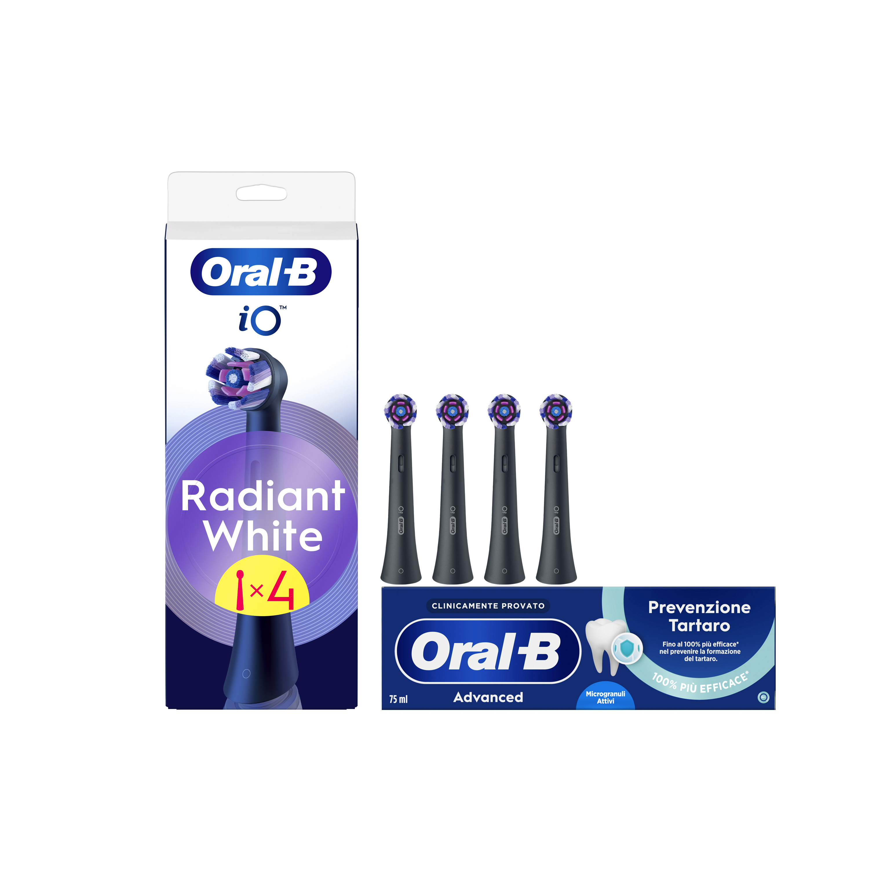 Oral-B Testine di Ricambio iO Radiant White Nere, Confezione da 4 Testine + Dentifricio Advanced Prevenzione Tartaro