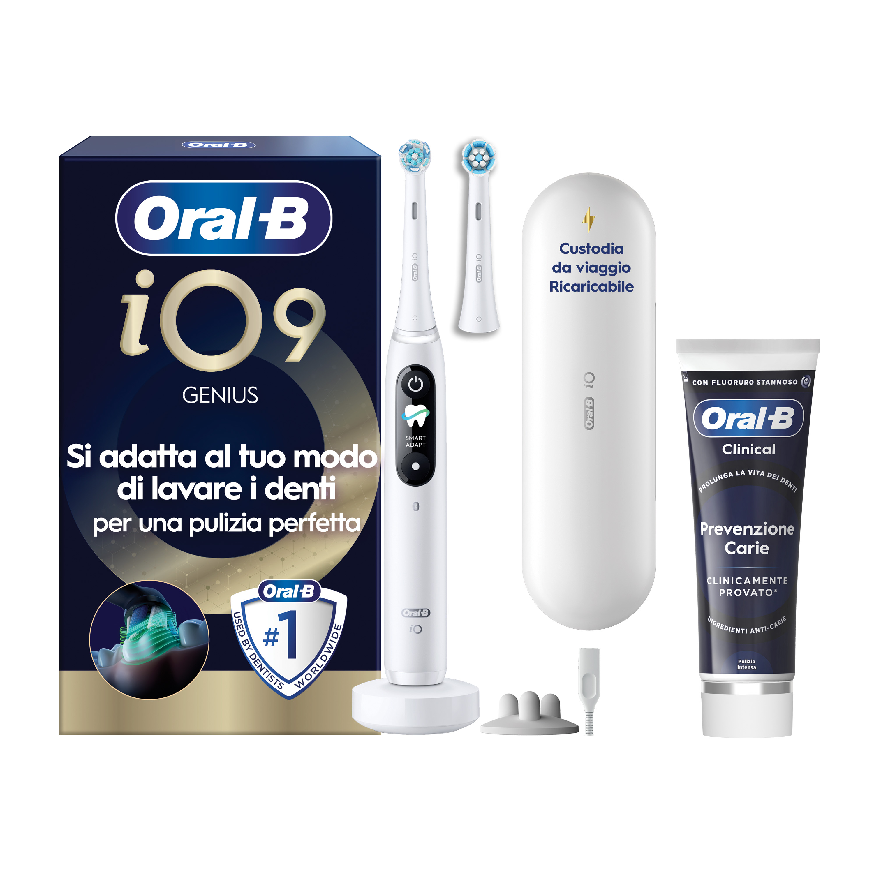 Oral-B Bianco/Bianche Io 9 2 Testine, 1 Custodia Da Viaggio Ricaricabile + 4 Testine Di Ricambio Io Ultimate Clean + Dentifricio Complete Protezione E Pulizia - Immagine 9