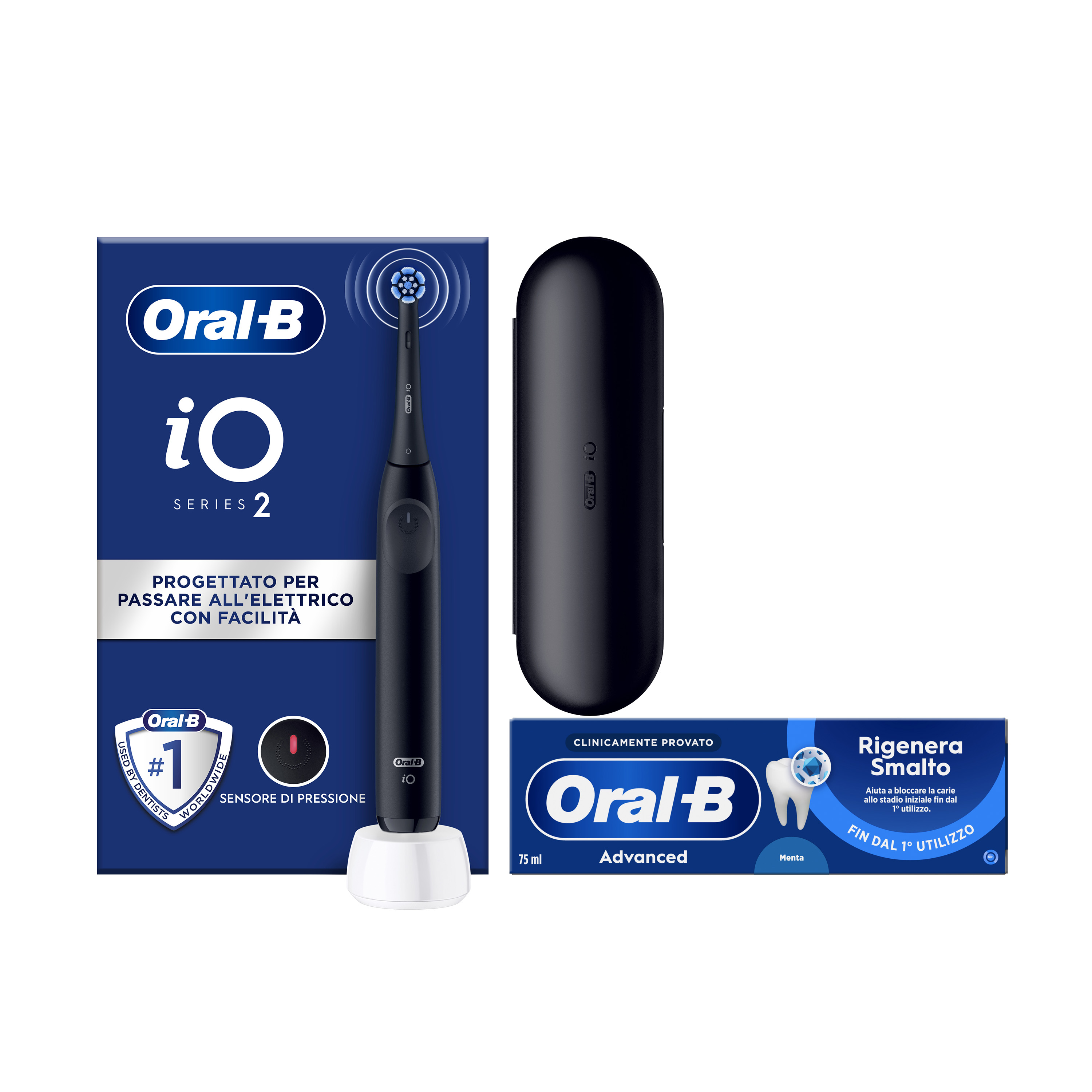 Oral-B Spazzolino Elettrico iO 2 Nero, 1 Testina, 1 Custodia Da Viaggio + Dentifricio Advanced Rigenera Smalto