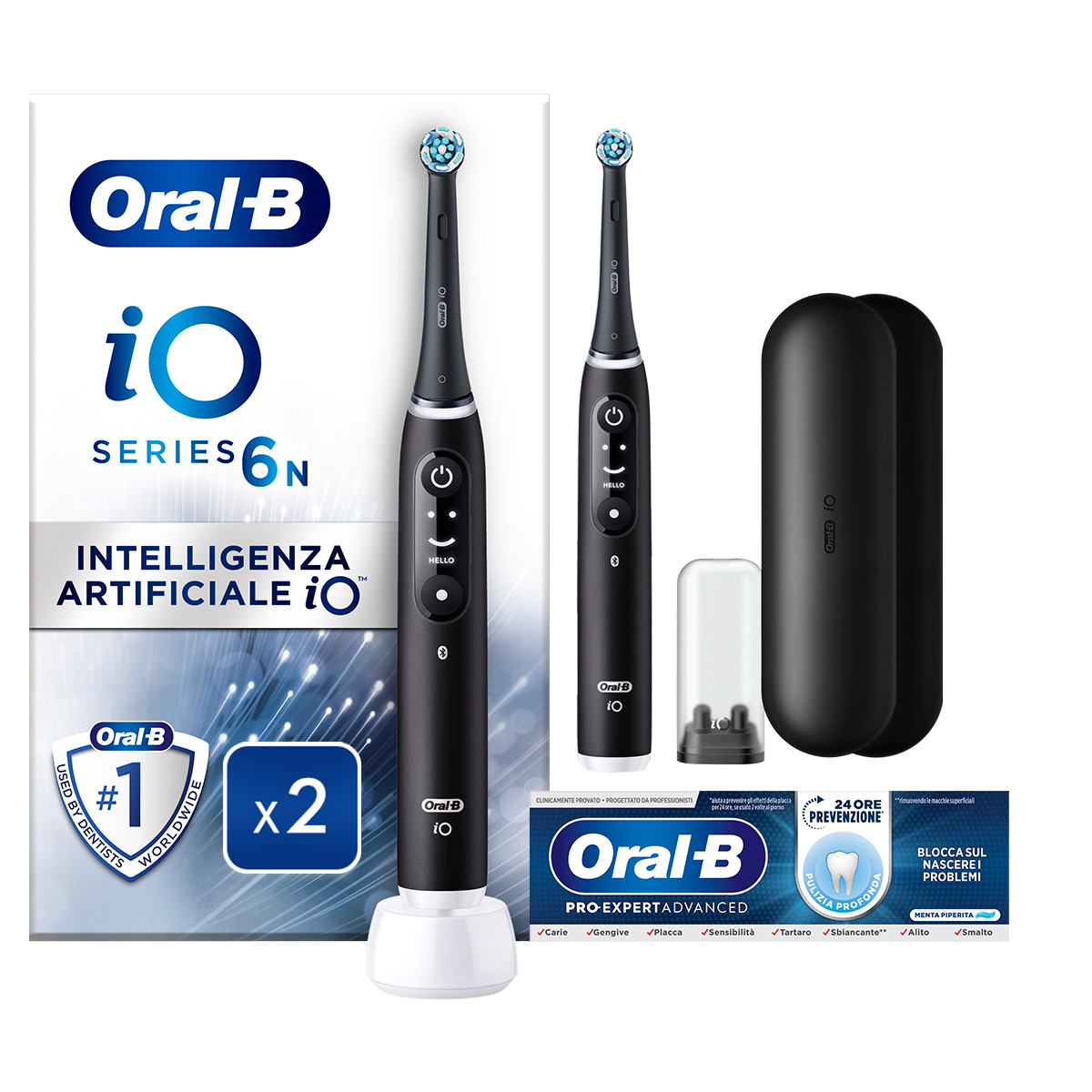 Oral-B Spazzolino Elettrico Duo Pack iO 6N Nero, 4 Testine, 2 Custodie Da Viaggio + Oral-B Dentifricio Pro-Expert Advanced Pulizia Profonda (Prevenzione Per 24 Ore)