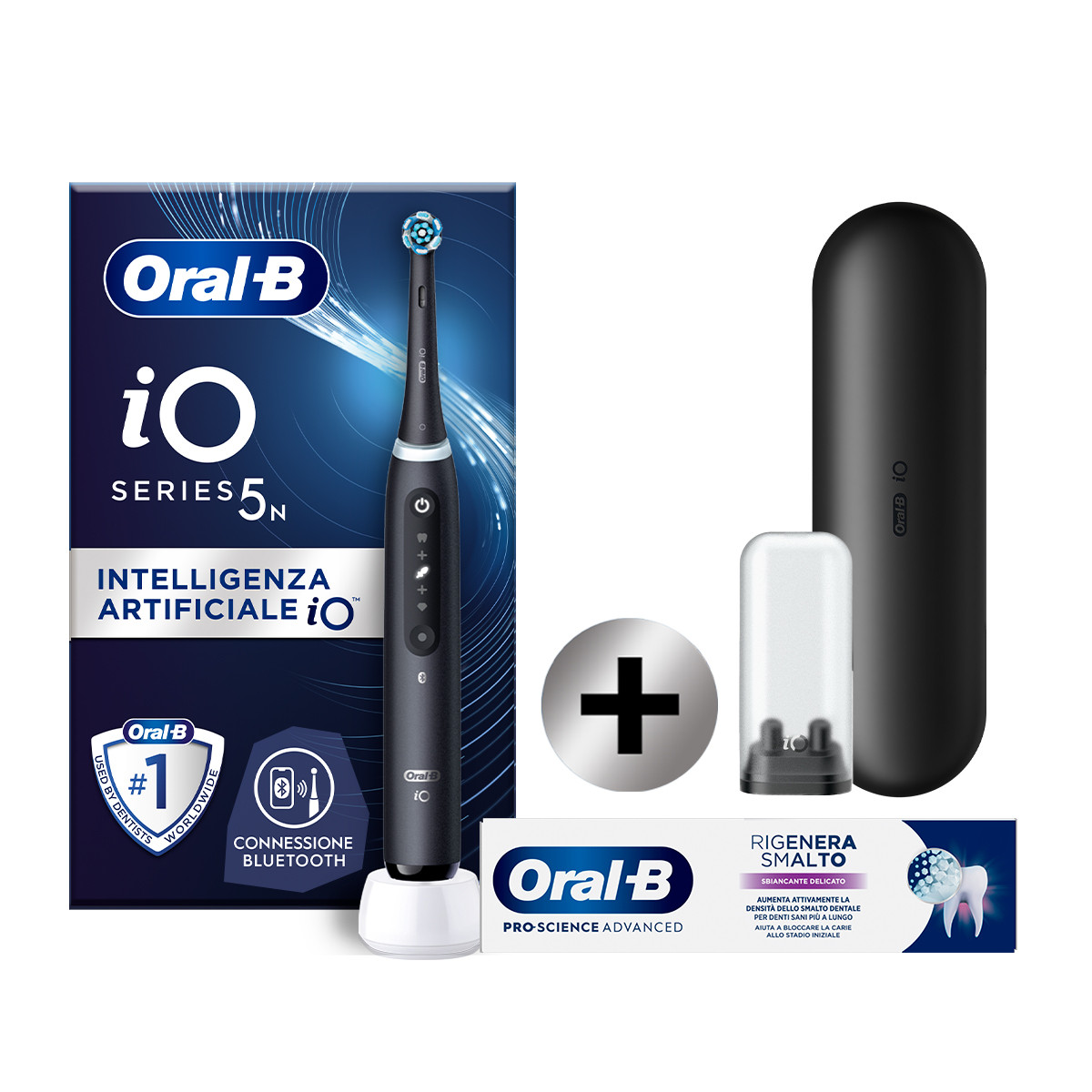 Oral-B Spazzolino Elettrico iO 5N Nero, 1 Testina, 1 Custodia Da Viaggio + Oral-B Dentifricio Pro-Science Advanced Rigenera Smalto Sbiancante Delicato
